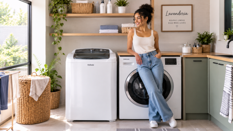 mulher na lavanderia. tanquinho ou máquina de lavar